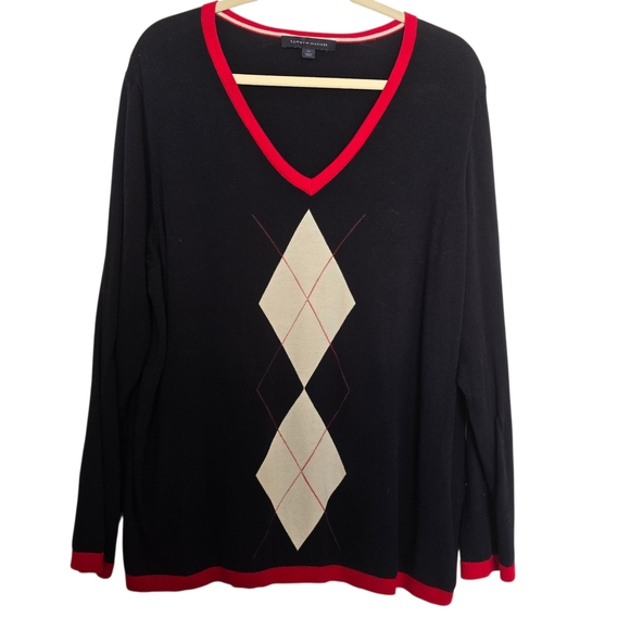 Tommy Hilfiger Sweaters - Tommy Hilfiger Navy Blue Red Trim V-Neck Argyle Sweater